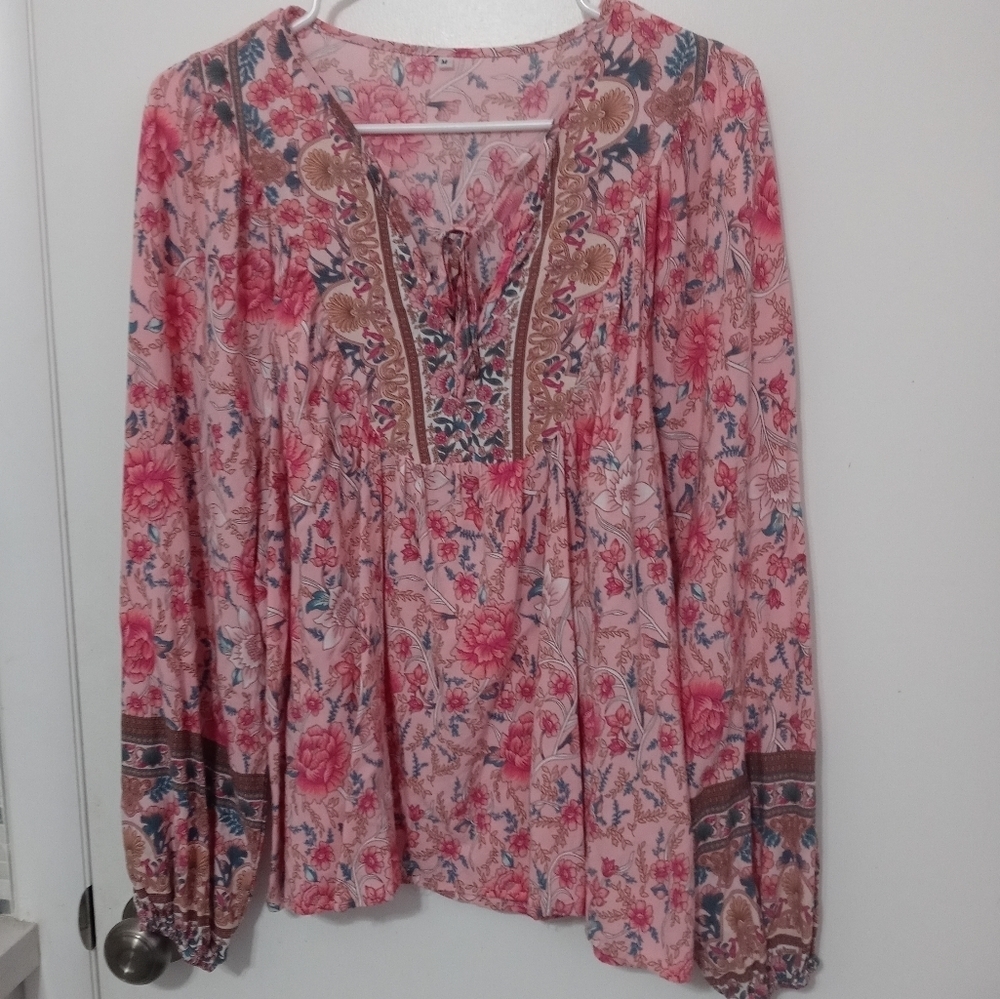 Pink Floral Retro Look Contrasting Stripe on sleeve and neckline Camisole Blouse